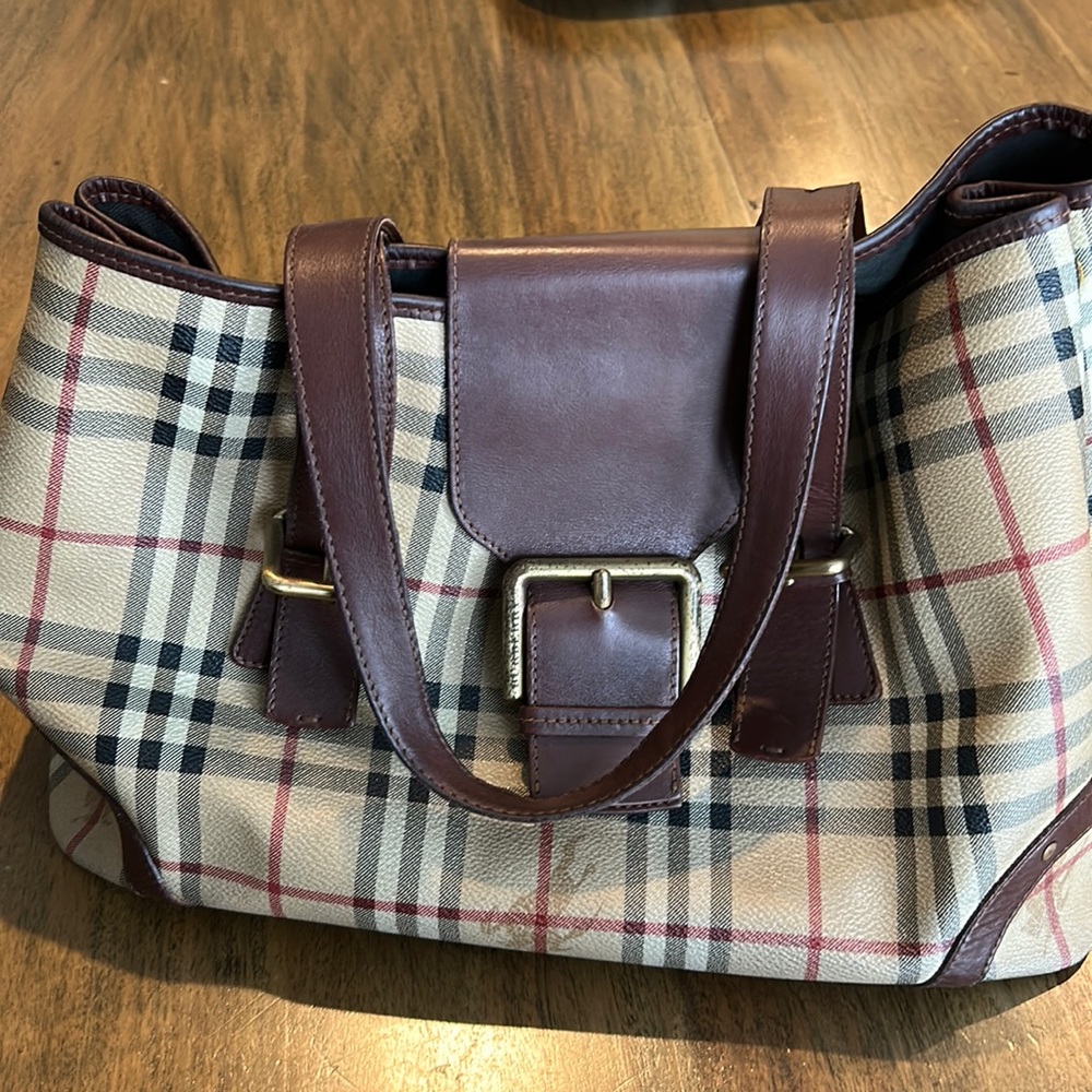 Burberry Nova Check Haymarket Shoulder Bag Canvas Brown Leather Trim Authentic